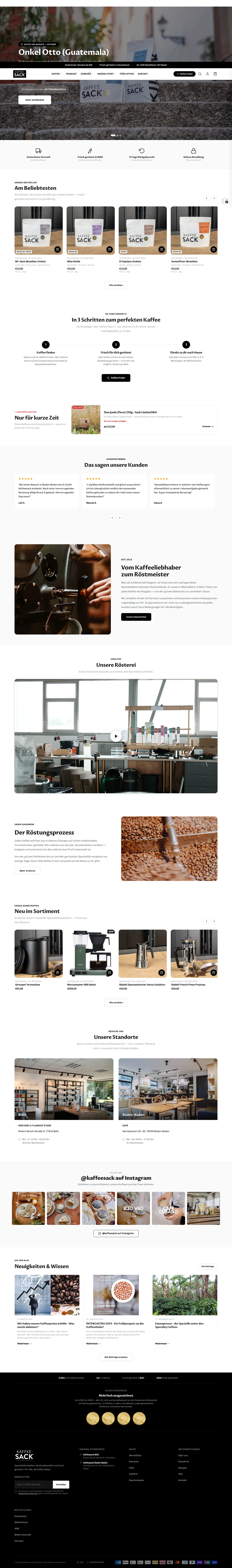 Die komplette Startseite von kaffeesack.de